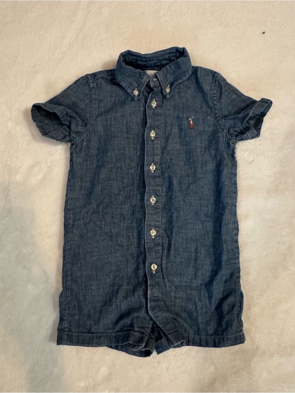 Ralph Lauren Navy Short-Sleeve Button-Front Baby Boy Short Romper 18 Months